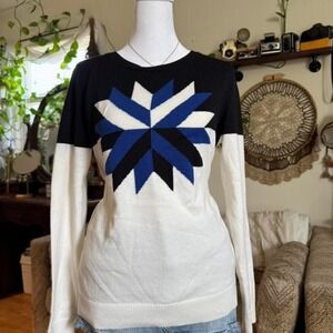 Talbots Womens Small Black White Blue Starburst Geometric Colorblock Sweater